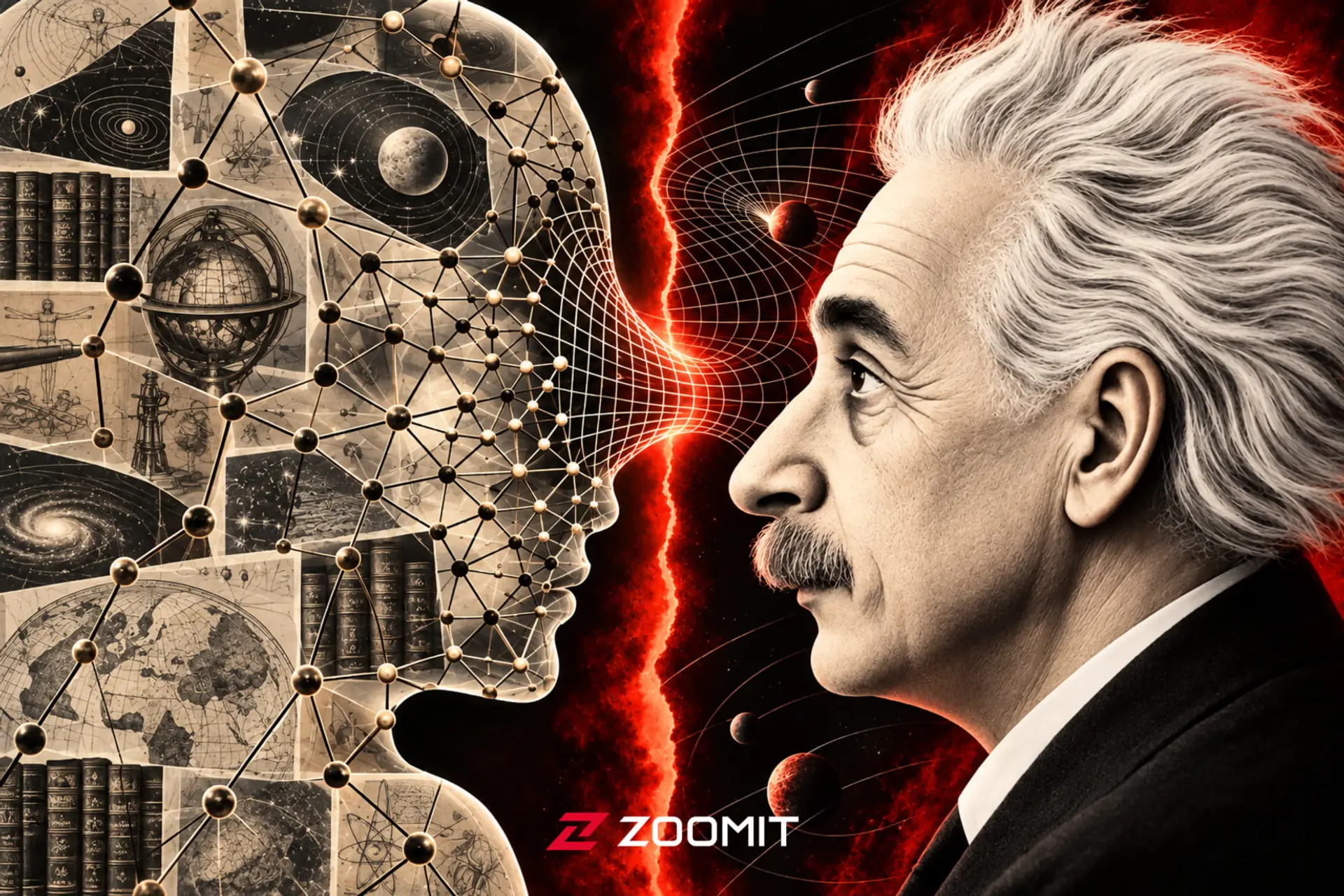 چهره آلبرت اینشتین (Albert Einstein) در مقابل پروفایل دیجیتالی هوش مصنوعی